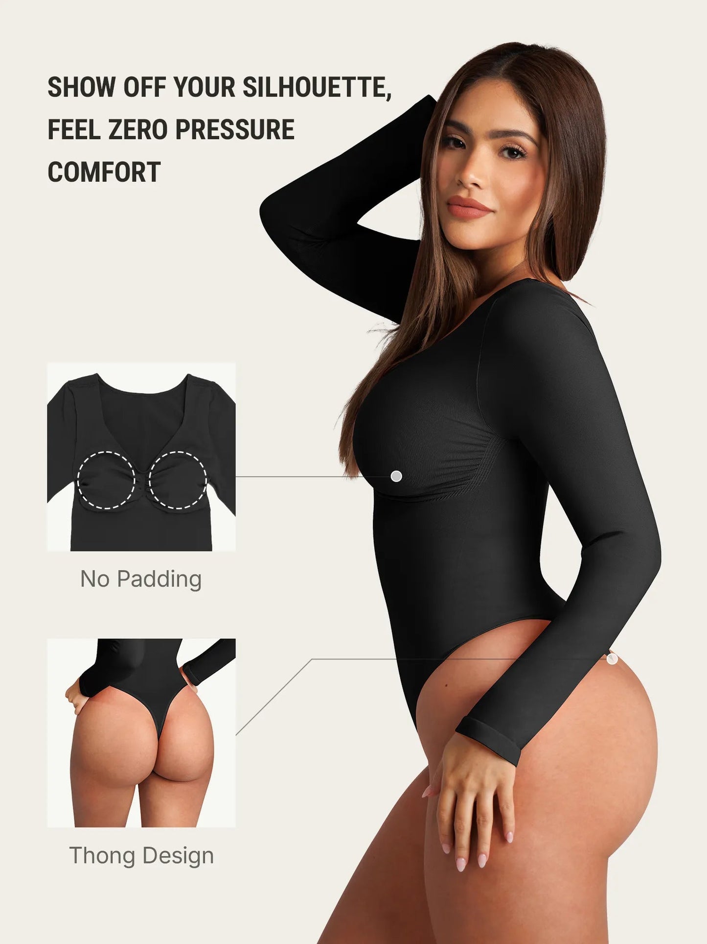Selucy™ Seamless Long Sleeve Tummy Control Thong Bodysuit