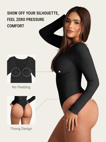 Selucy™ Seamless Long Sleeve Tummy Control Thong Bodysuit