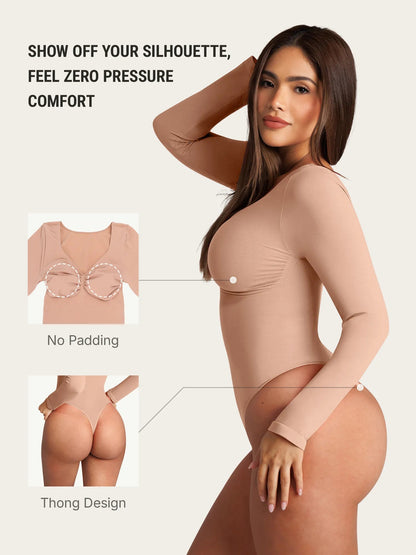 Selucy™ Seamless Long Sleeve Tummy Control Thong Bodysuit