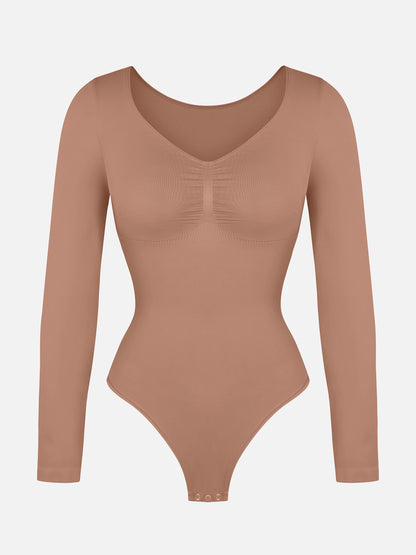 Selucy™ Seamless Long Sleeve Tummy Control Thong Bodysuit