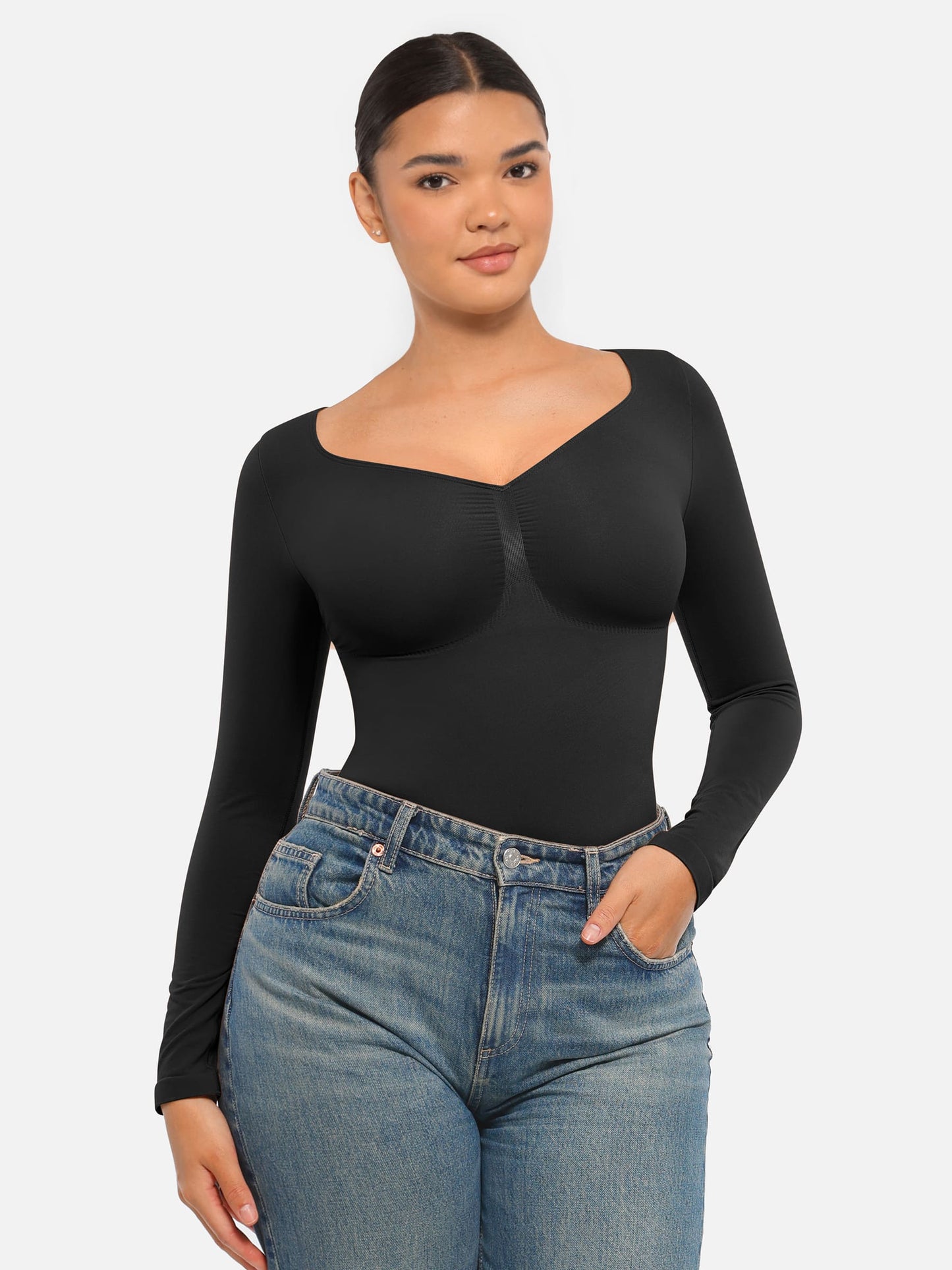 Selucy™ Seamless Long Sleeve Tummy Control Thong Bodysuit