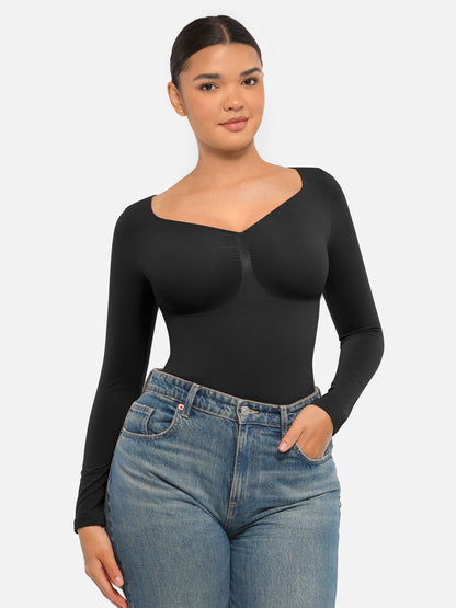 Selucy™ Seamless Long Sleeve Tummy Control Thong Bodysuit