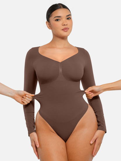 Selucy™ Seamless Long Sleeve Tummy Control Thong Bodysuit
