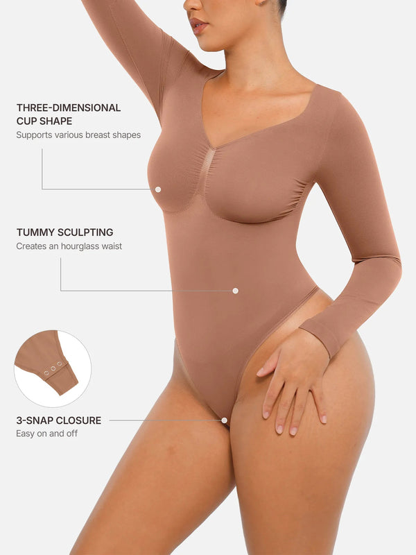 Selucy™ Seamless Long Sleeve Tummy Control Thong Bodysuit