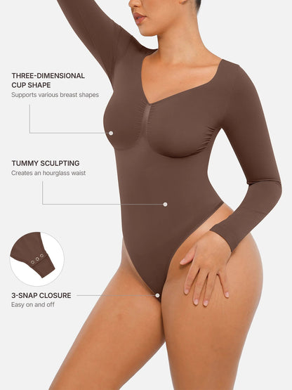 Selucy™ Seamless Long Sleeve Tummy Control Thong Bodysuit