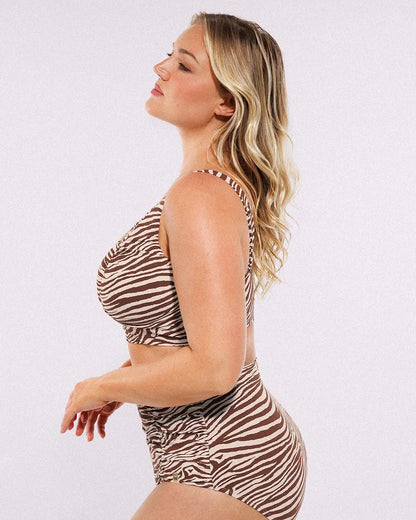 Selucy™ Ruched V-Neck Bikini Top & High-Waisted Bottom Set