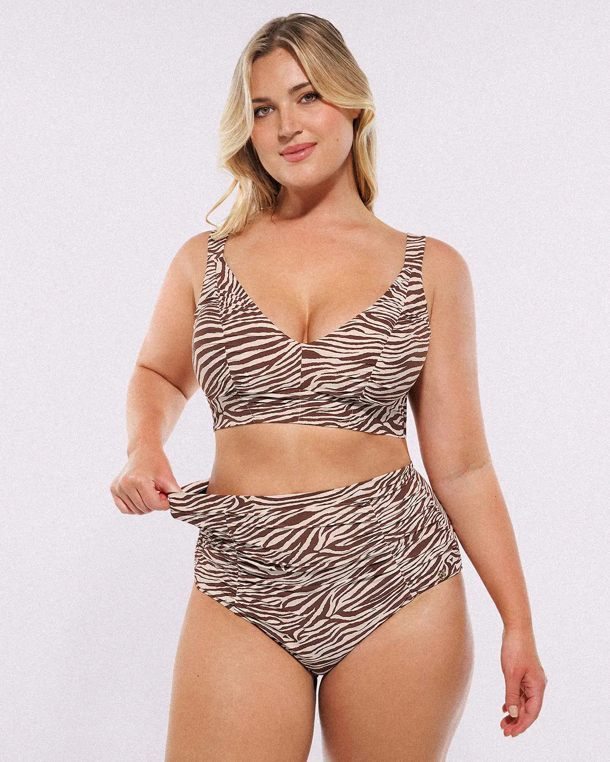 Selucy™ Ruched V-Neck Bikini Top & High-Waisted Bottom Set
