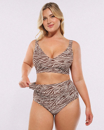 Selucy™ Ruched V-Neck Bikini Top & High-Waisted Bottom Set