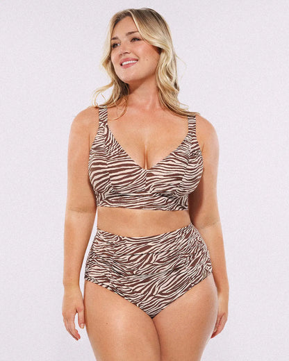 Selucy™ Ruched V-Neck Bikini Top & High-Waisted Bottom Set
