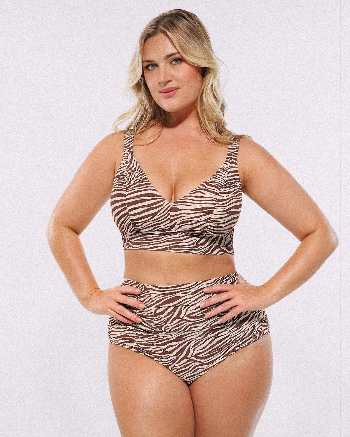 Selucy™ Ruched V-Neck Bikini Top & High-Waisted Bottom Set