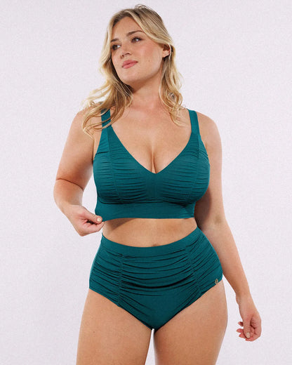Selucy™ Ruched V-Neck Bikini Top & High-Waisted Bottom Set