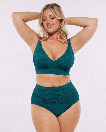 Selucy™ Ruched V-Neck Bikini Top & High-Waisted Bottom Set