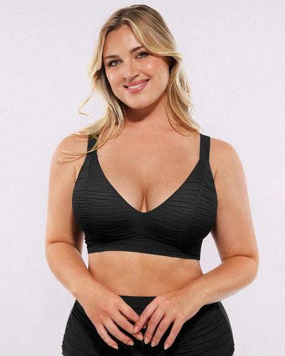 Selucy™ Ruched V-Neck Bikini Top & High-Waisted Bottom Set