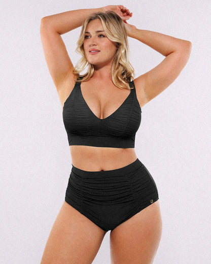 Selucy™ Ruched V-Neck Bikini Top & High-Waisted Bottom Set