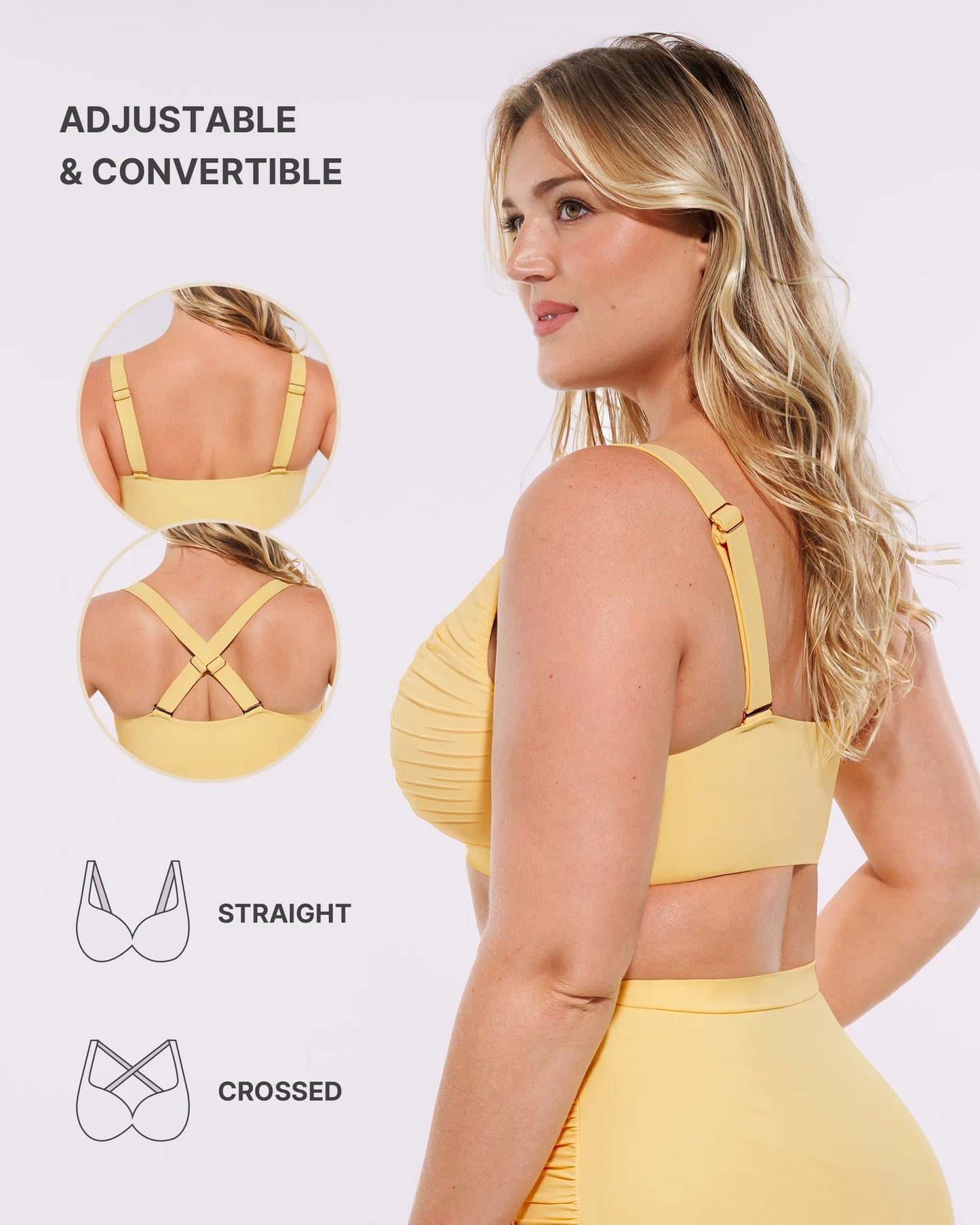 Selucy™ Ruched V-Neck Bikini Top & High-Waisted Bottom Set