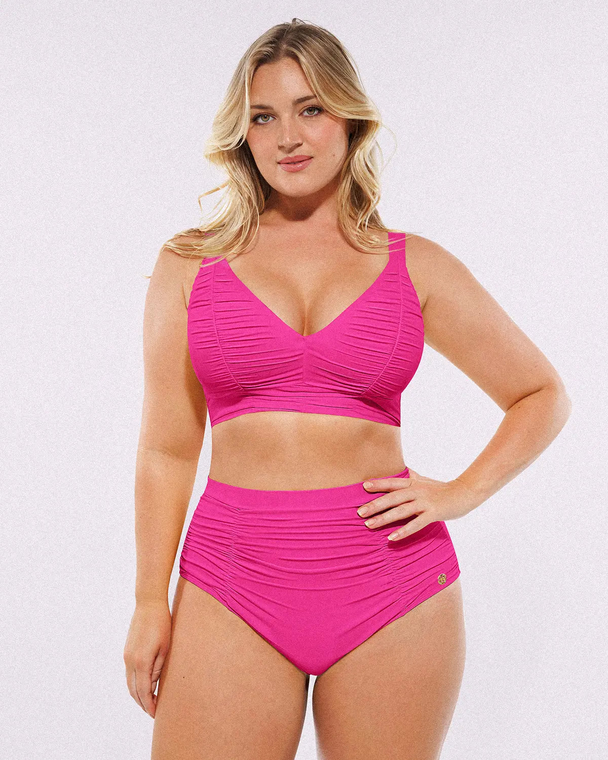 Selucy™ Ruched V-Neck Bikini Top & High-Waisted Bottom Set