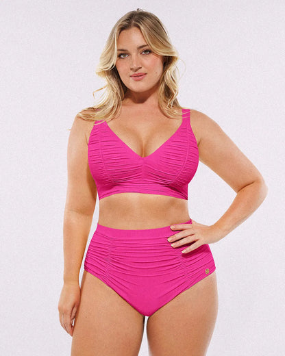Selucy™ Ruched V-Neck Bikini Top & High-Waisted Bottom Set