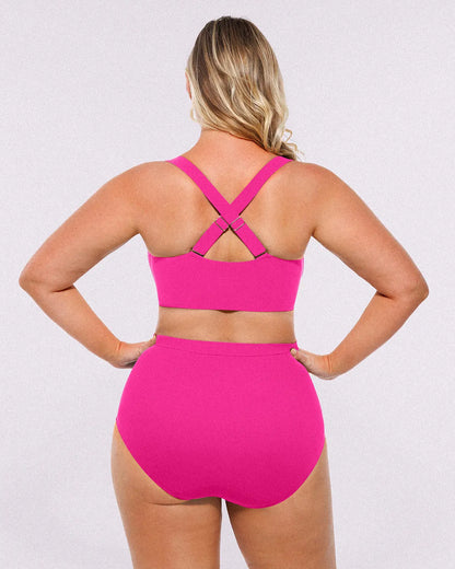 Selucy™ Ruched V-Neck Bikini Top & High-Waisted Bottom Set