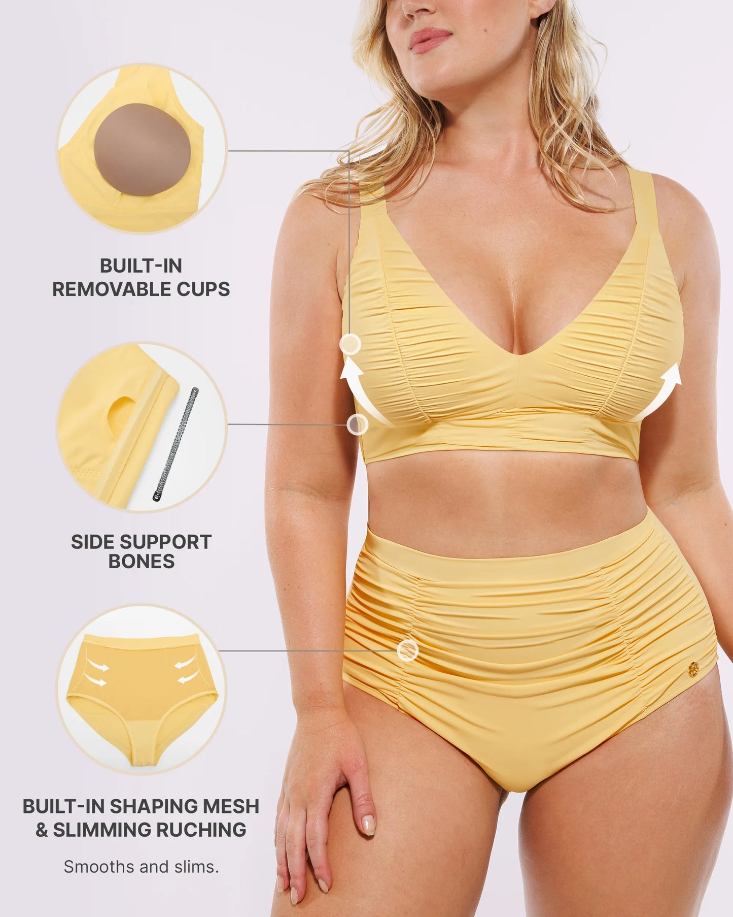 Selucy™ Ruched V-Neck Bikini Top & High-Waisted Bottom Set