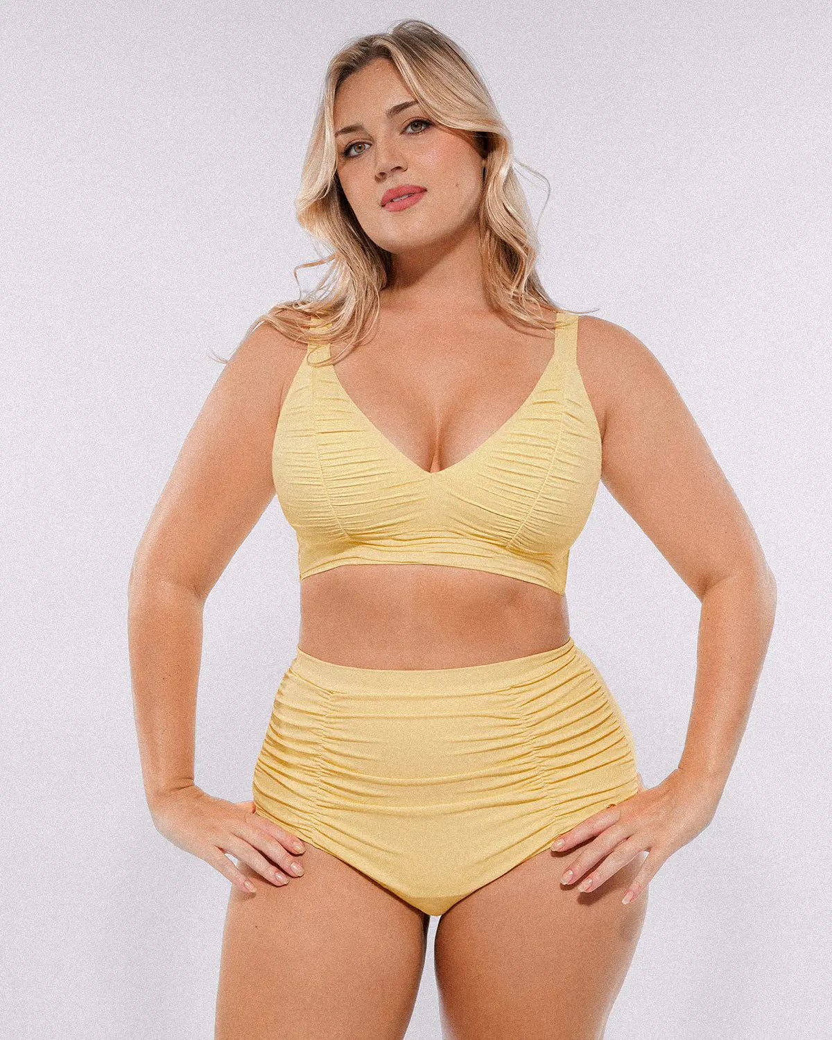 Selucy™ Ruched V-Neck Bikini Top & High-Waisted Bottom Set