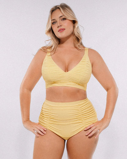 Selucy™ Ruched V-Neck Bikini Top & High-Waisted Bottom Set