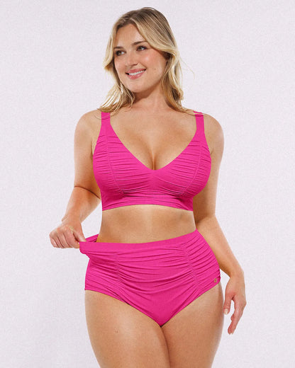Selucy™ Ruched V-Neck Bikini Top & High-Waisted Bottom Set
