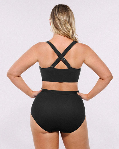 Selucy™ Ruched V-Neck Bikini Top & High-Waisted Bottom Set