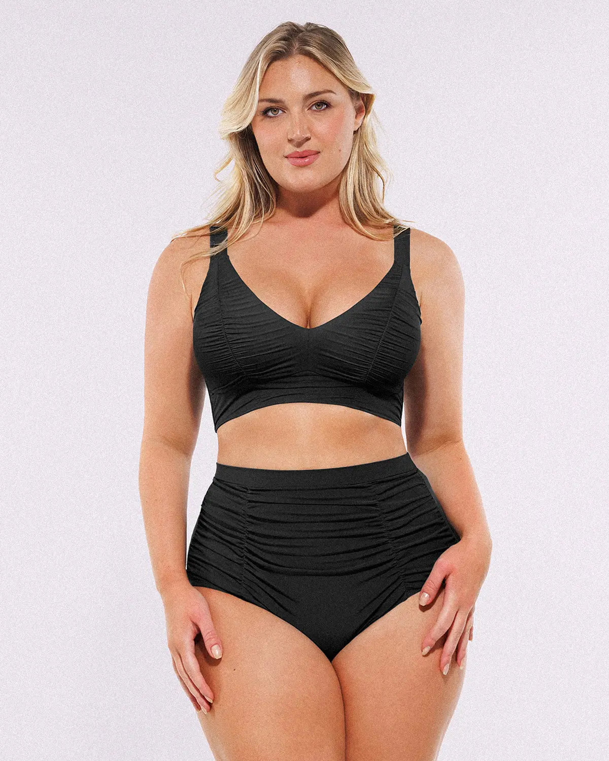 Selucy™ Ruched V-Neck Bikini Top & High-Waisted Bottom Set