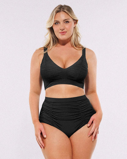 Selucy™ Ruched V-Neck Bikini Top & High-Waisted Bottom Set