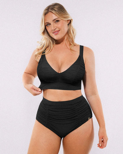 Selucy™ Ruched V-Neck Bikini Top & High-Waisted Bottom Set