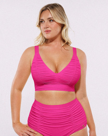 Selucy™ Ruched V-Neck Bikini Top & High-Waisted Bottom Set