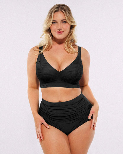Selucy™ Ruched V-Neck Bikini Top & High-Waisted Bottom Set