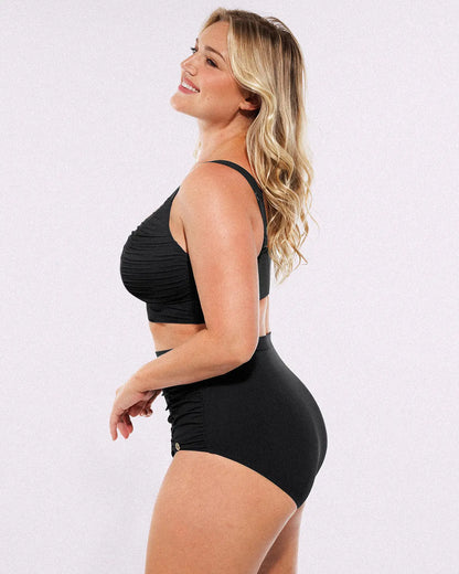 Selucy™ Ruched V-Neck Bikini Top & High-Waisted Bottom Set