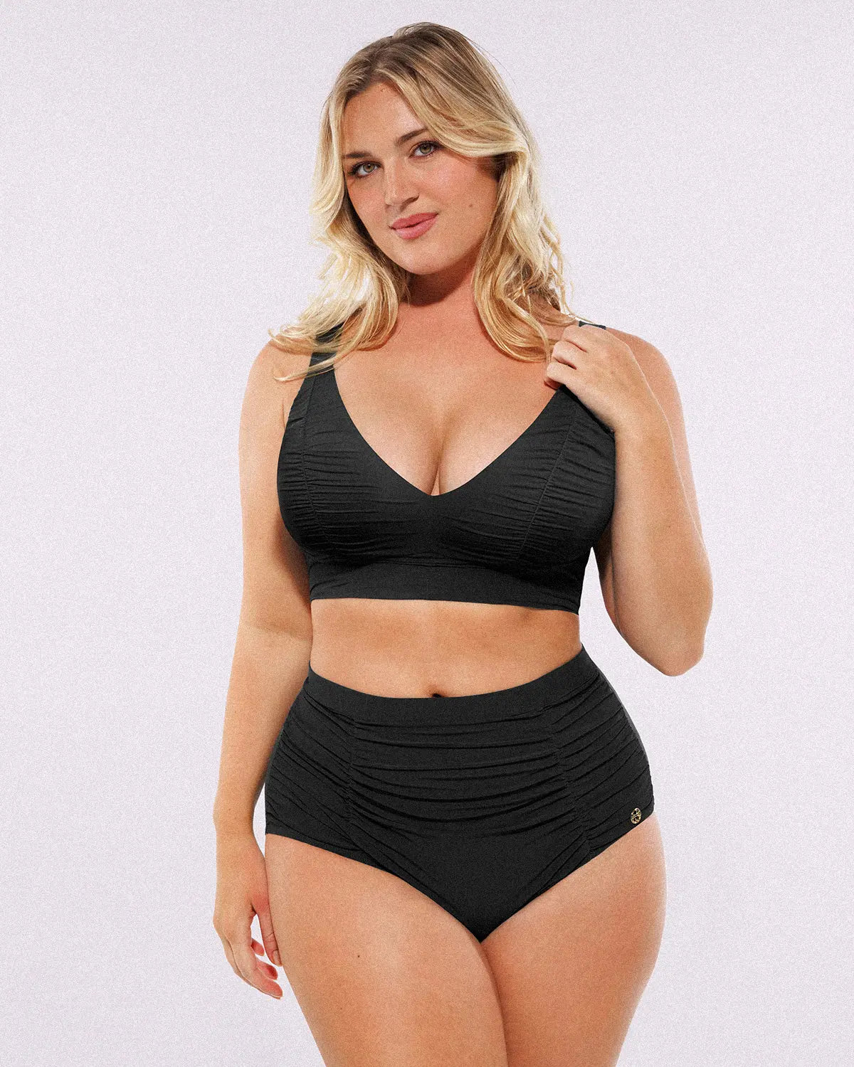 Selucy™ Ruched V-Neck Bikini Top & High-Waisted Bottom Set