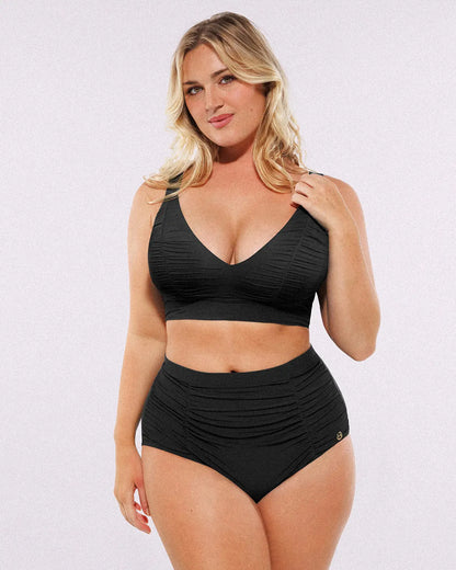 Selucy™ Ruched V-Neck Bikini Top & High-Waisted Bottom Set