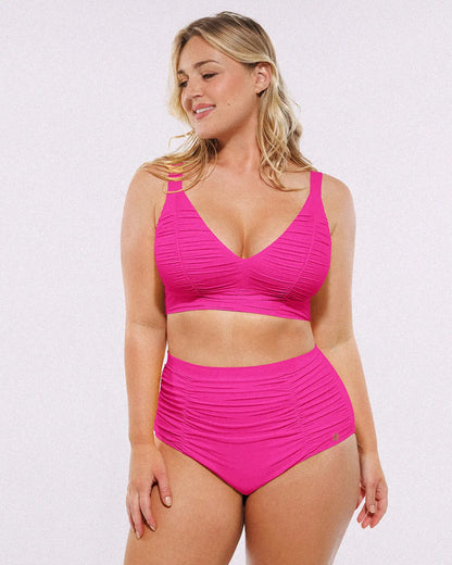 Selucy™ Ruched V-Neck Bikini Top & High-Waisted Bottom Set