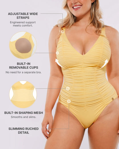 Selucy™ Ruched V-Neck Shaping Swimsuit