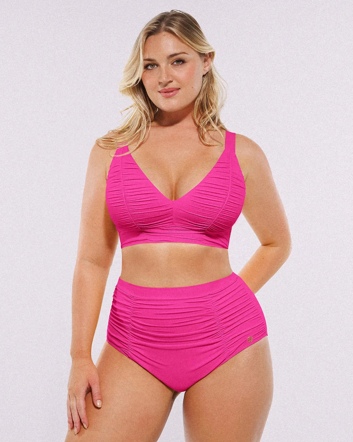 Selucy™ Ruched V-Neck Bikini Top & High-Waisted Bottom Set